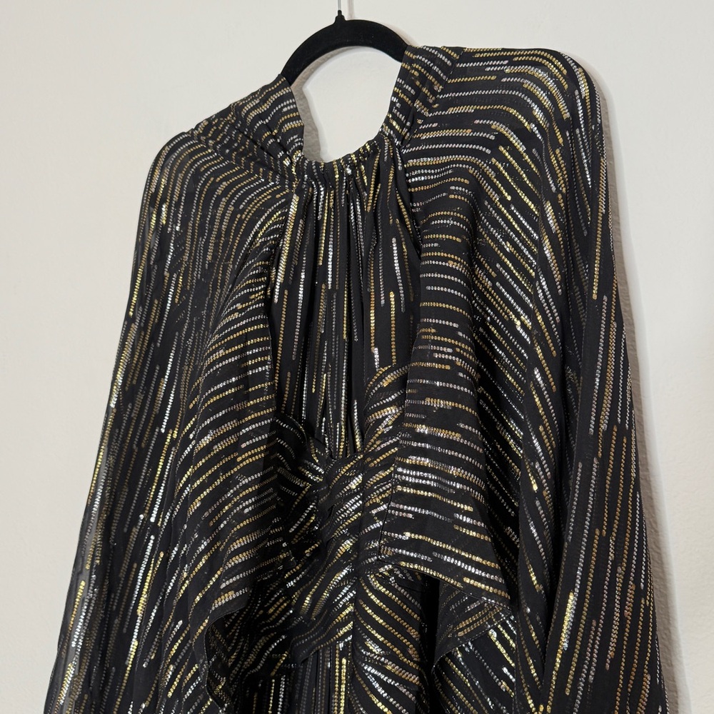 Peter Pilotto Gown Silk Metallic Caped Black Gold Silver Thread High Neck Size 6 - Picture 2 of 12